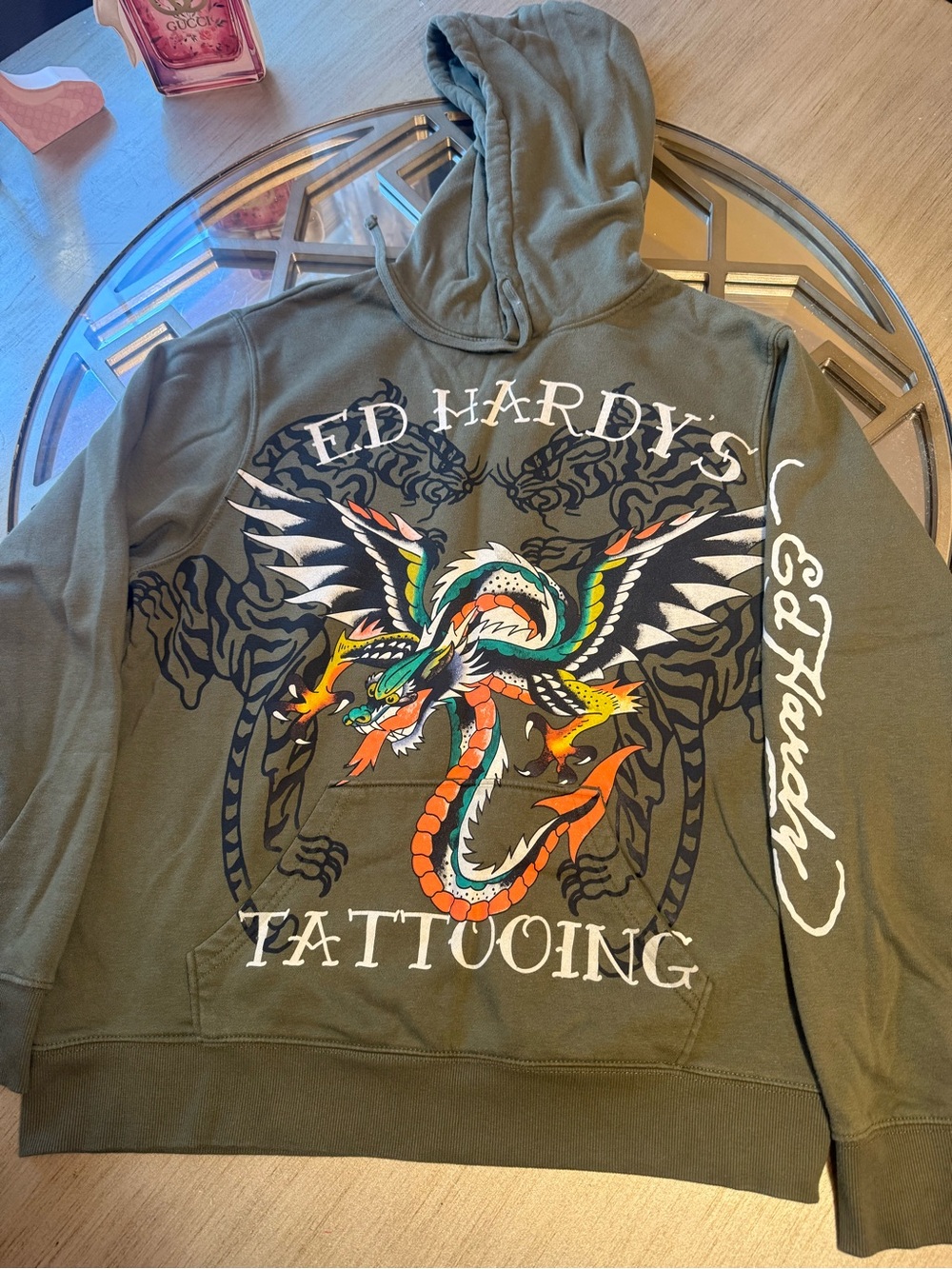 Ed Hardy Olive Green Zip-Up Hoodie with Multicolor Dragon Graphic